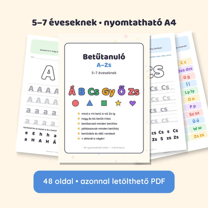 Betűtanuló A–Zs fejlesztő füzet 5–7 éveseknek – 48 oldalas nyomtatható PDF