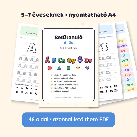 Betűtanuló A–Zs fejlesztő füzet 5–7 éveseknek – 48 oldalas nyomtatható PDF