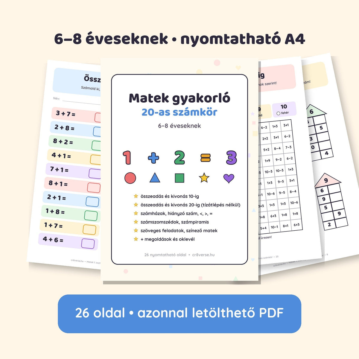 Első osztályos fejlesztő füzet: Matek gyakorló 20-as számkör – 26 oldalas nyomtatható PDF