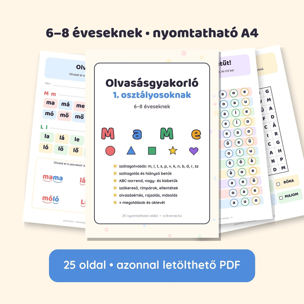 Első osztályos fejlesztő füzet: Olvasásgyakorló 1. osztályosoknak – 25 oldalas nyomtatható PDF