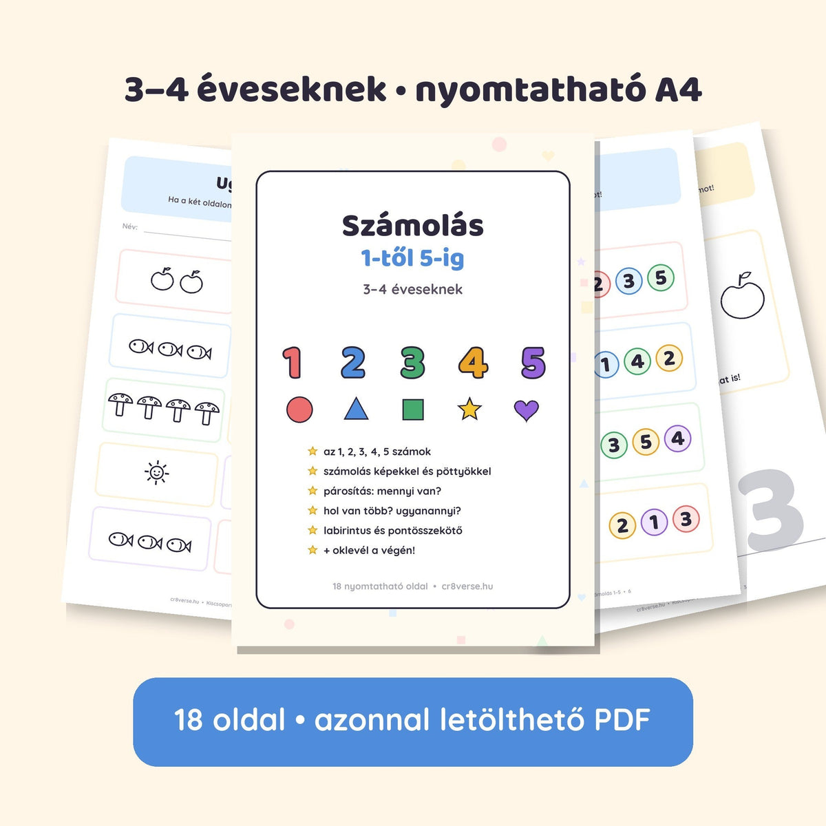 Kiscsoportos fejlesztő füzet: Számolás 1-től 5-ig 3–4 éveseknek – 18 oldalas nyomtatható PDF