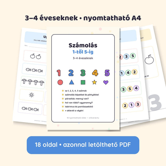 Kiscsoportos fejlesztő füzet: Számolás 1-től 5-ig 3–4 éveseknek – 18 oldalas nyomtatható PDF