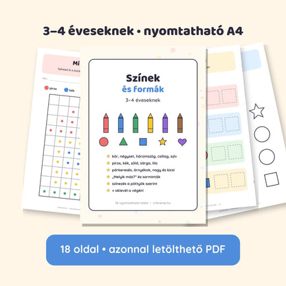 Kiscsoportos fejlesztő füzet: Színek és formák 3–4 éveseknek – 18 oldalas nyomtatható PDF