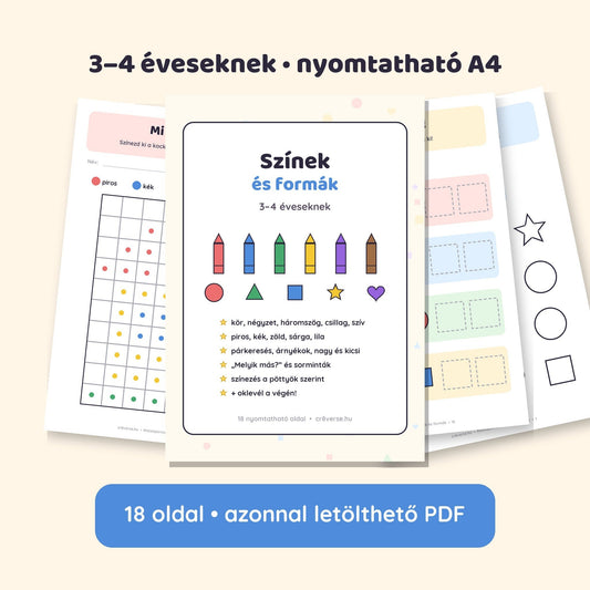 Kiscsoportos fejlesztő füzet: Színek és formák 3–4 éveseknek – 18 oldalas nyomtatható PDF
