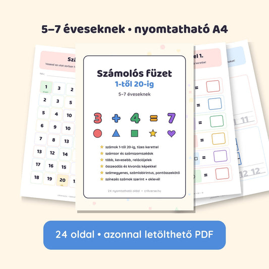 Számolós fejlesztő füzet 1-től 20-ig, 5–7 éveseknek – 24 oldalas nyomtatható PDF