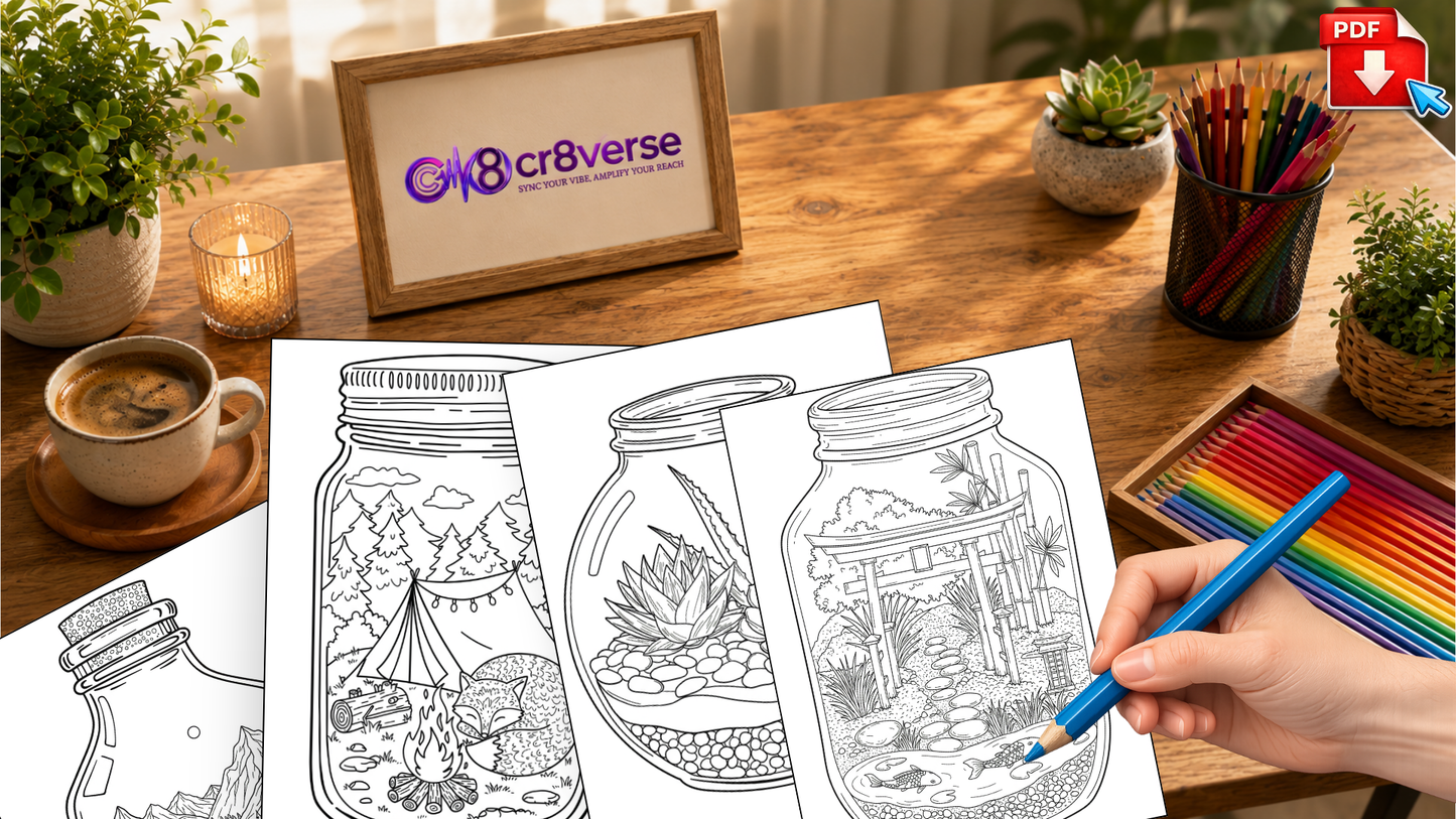 🌿 Mesebeli Mini Világok Üvegben – 15 Nyugtató Színezőoldal PDF 🍄✨